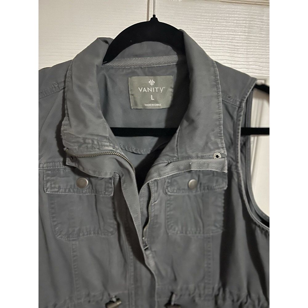 Vanity Womens Gray Zip Front Military Style Vest Drawstring Cinch Waist L